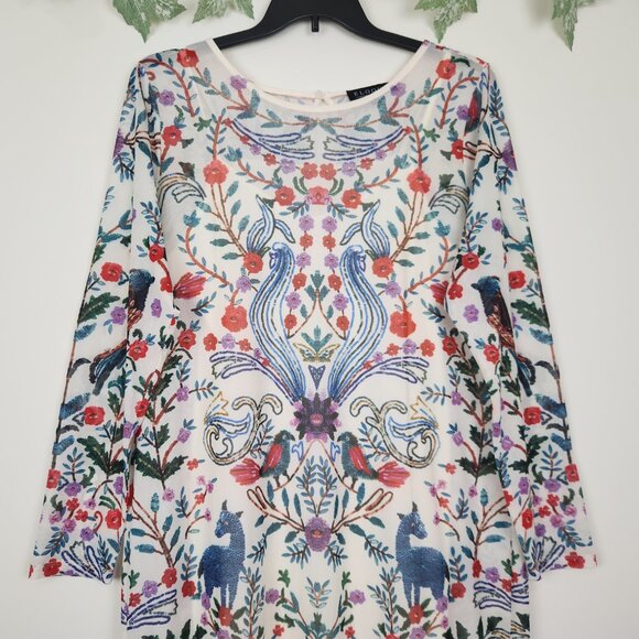 ELOQUII Size 16 Floral Birds Multicolor Mesh Long Sleeve Boho Stretch Dress - Picture 2 of 9